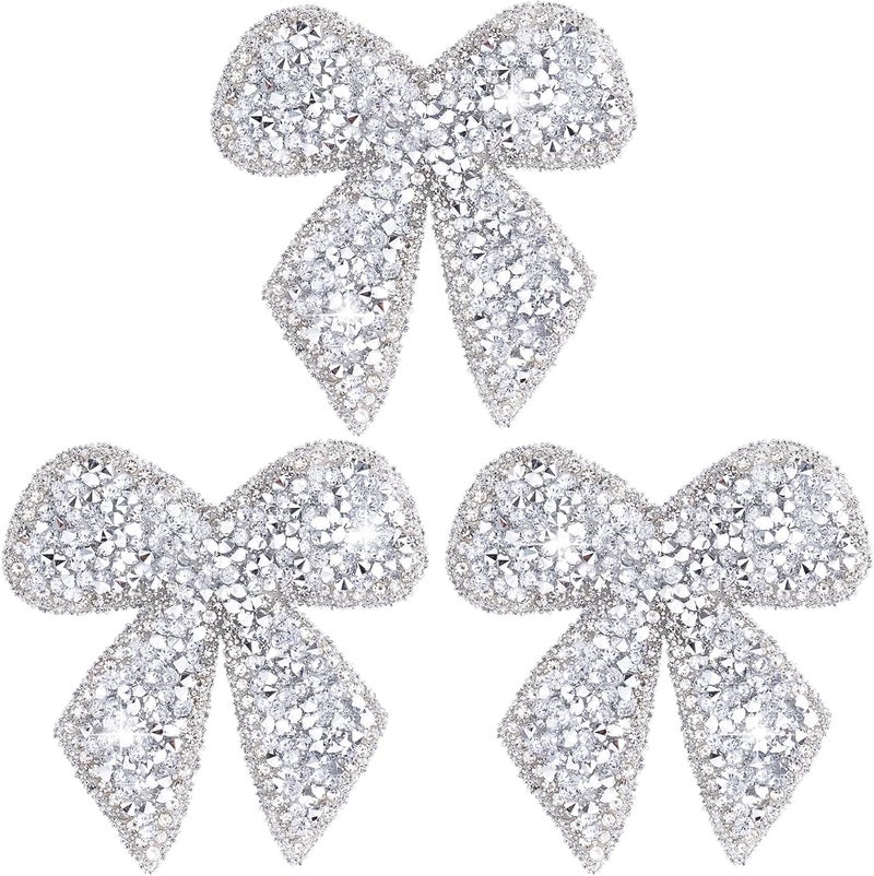 SmallCat 3 Pcs Bow Rhinestone Patches, Glitter Bowknot Applique, Self-Adhesive Repair Bow Clothing Patches for Jackets Hats Bags Jeans Shoes - Silver - Image 1